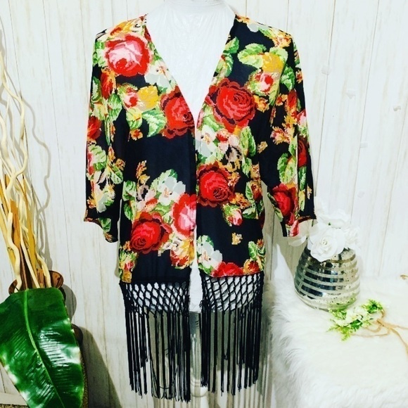 Quinn Floral Kimono Fringe Hem S Small Grandma Core - Picture 2 of 8